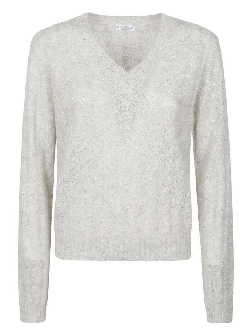 Brunello Cucinelli Cashmere Knit Sweater With V-Neckline And Subtle Sequins