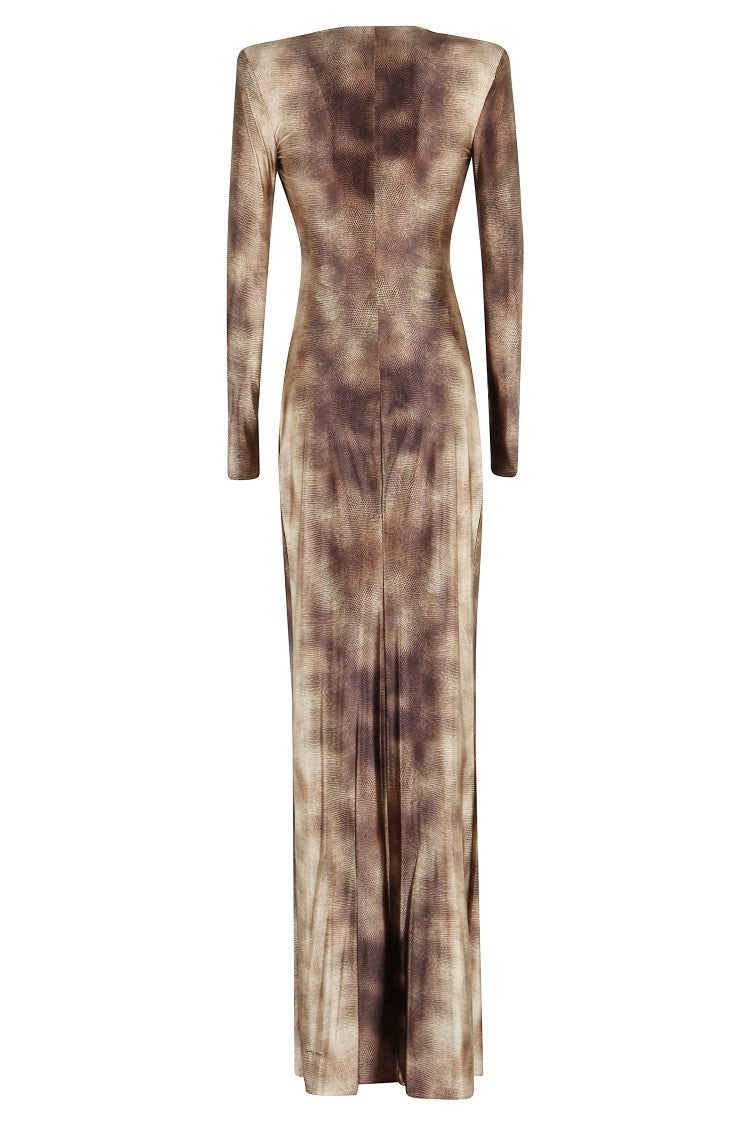 Elisabetta Franchi Emerald Python Print Deep V-Neck Evening Dress