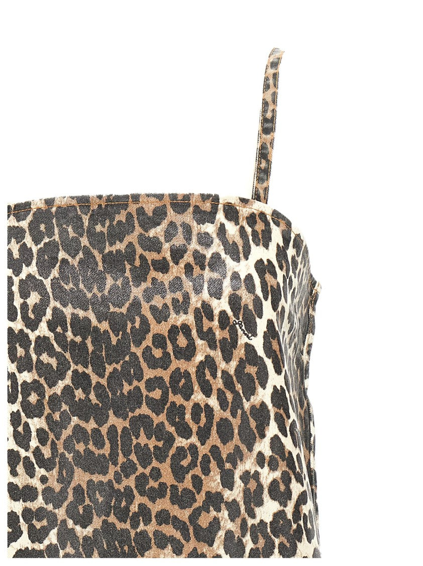 Ganni Leopard Print Denim Mini Dress
