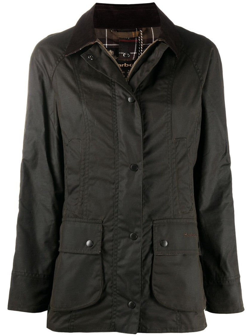 Barbour Tailored Green Coat With Corduroy Collar And Button-Up Design