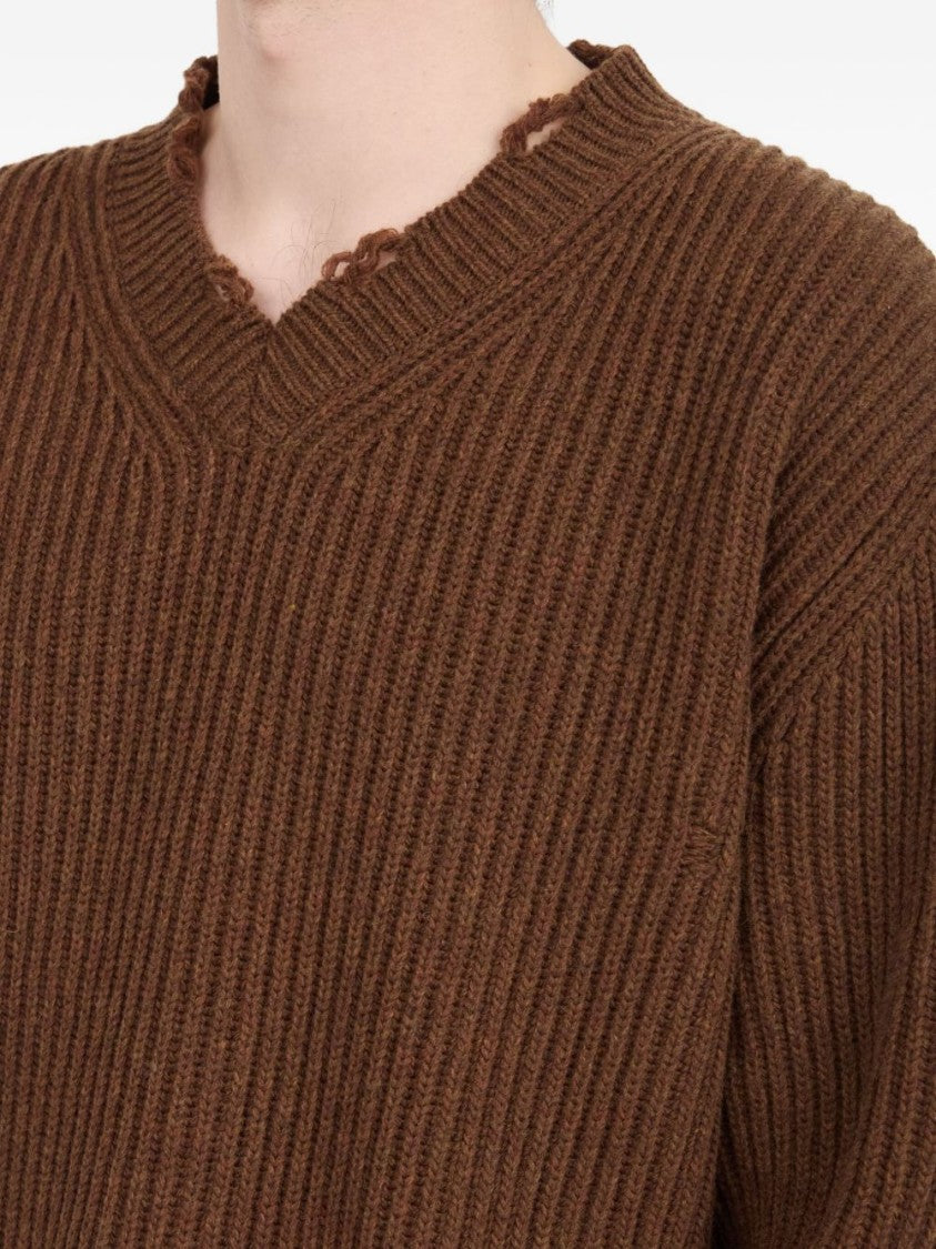 Mm6 By Maison Margiela Relaxed Fit V-Neck Sweater With Distressed Hem