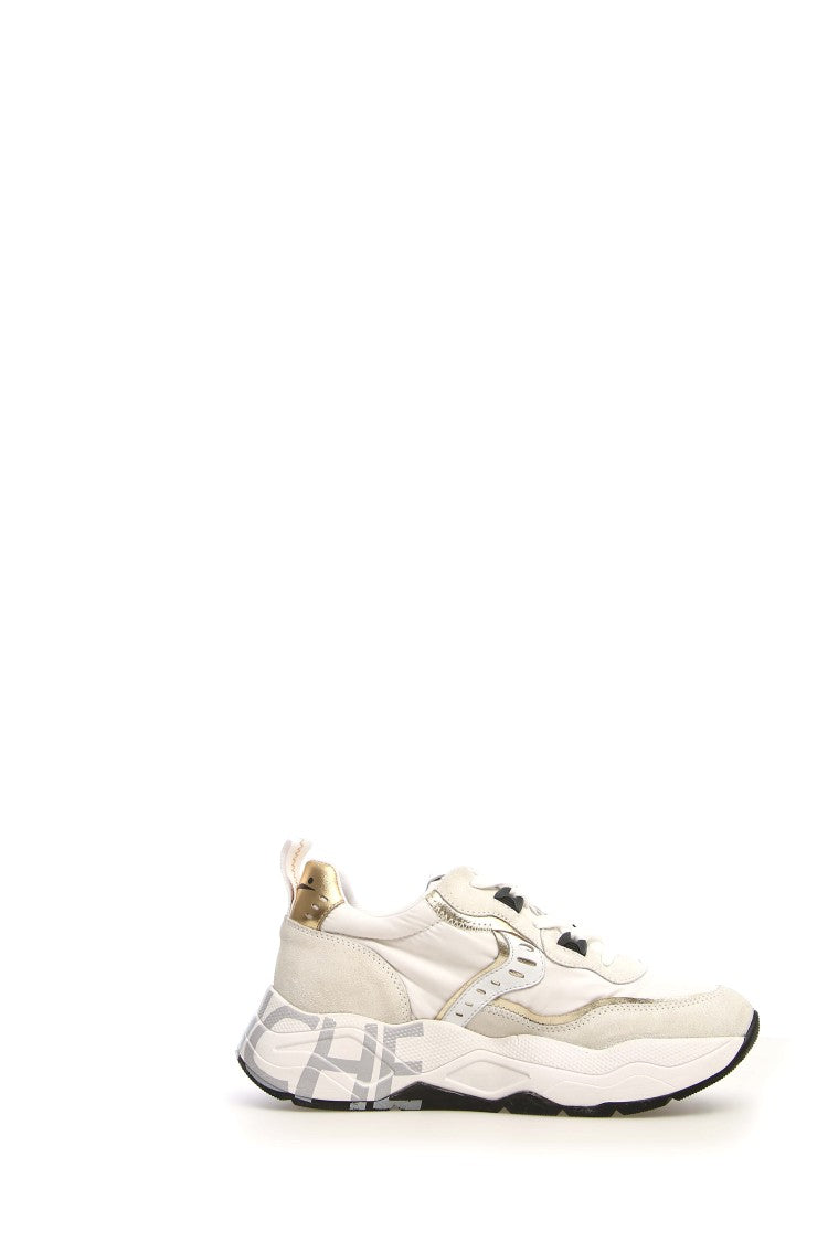 Voile Blanche Beige Sneakers With Patent Detailing And Double-Height Sole