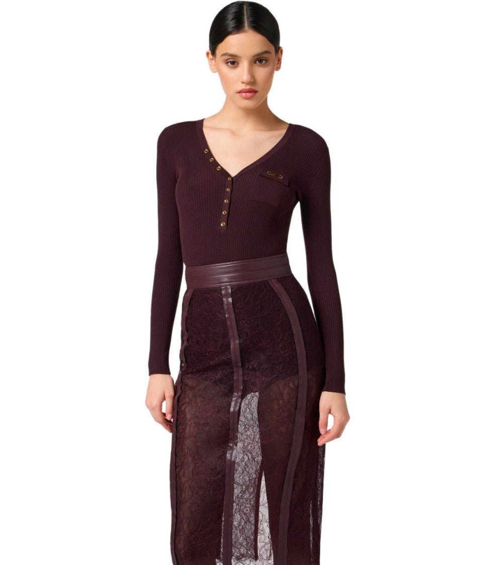 Elisabetta Franchi Merlot Ribbed Long-Sleeved Top With Gold Button Detail