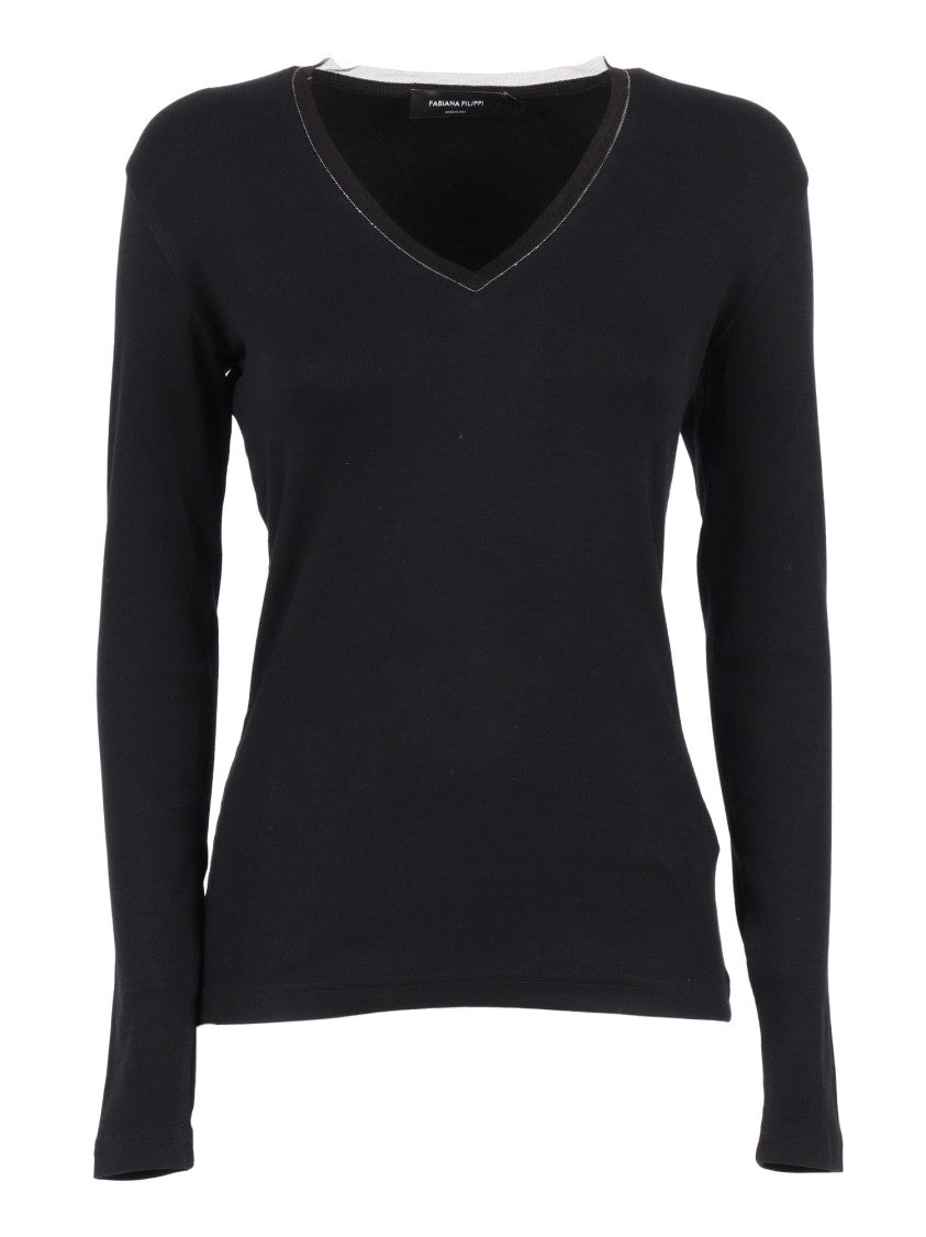Fabiana Filippi Fitted Ribbed V-Neck Top With Tulle Trim
