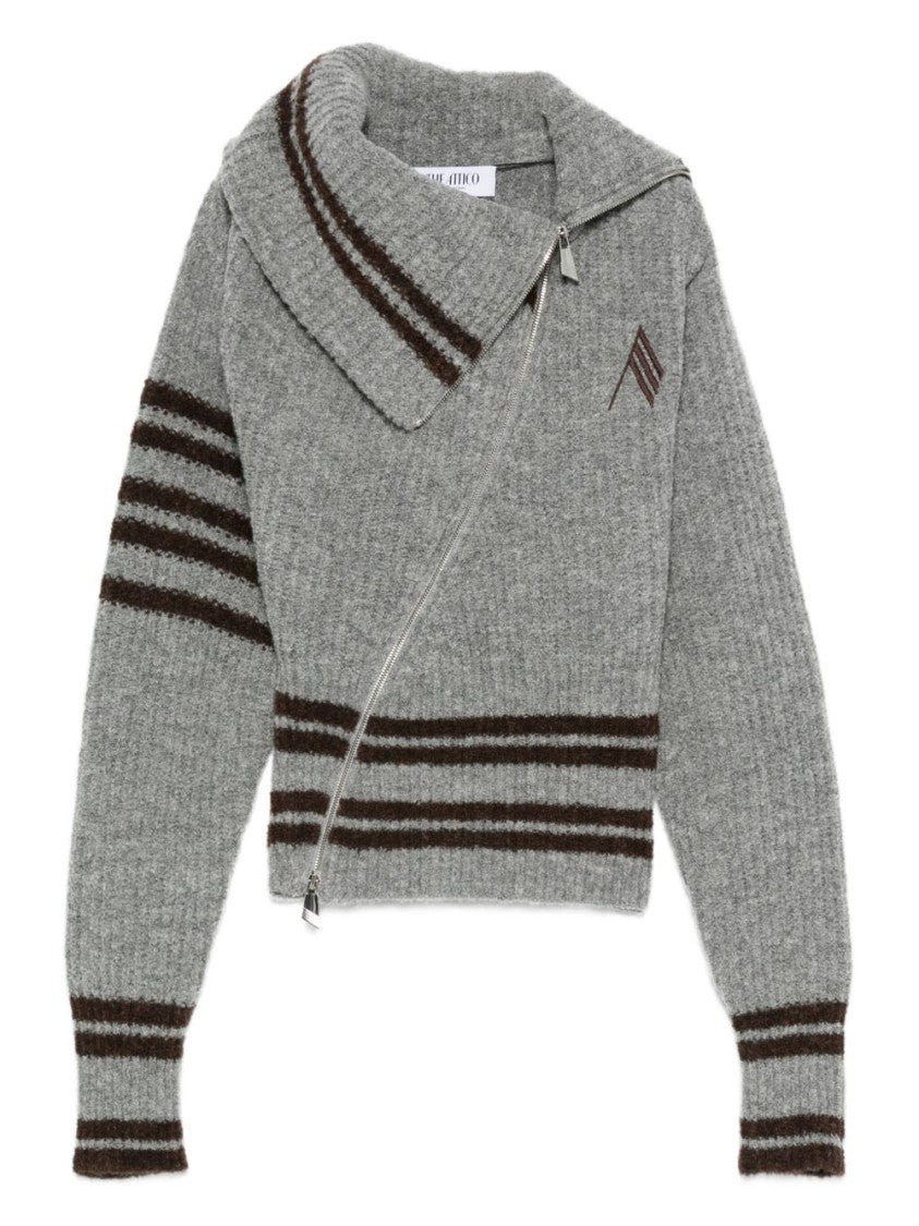 The Attico Asymmetrical Zip Grey Sweater With Ribbed Texture