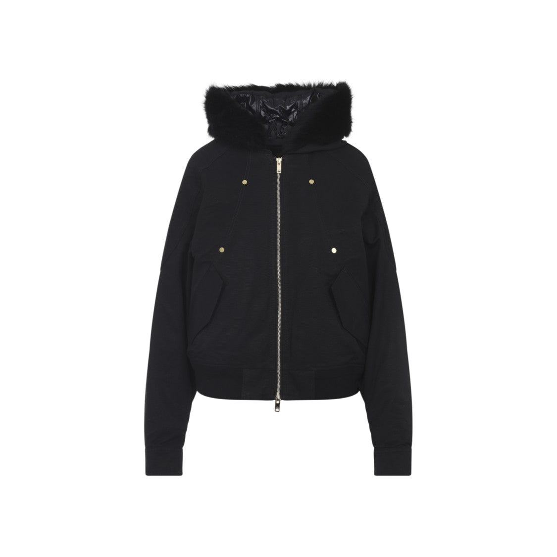 Moose Knuckles Fitted Hooded Jacket With Plush Fur Trim And Metallic Accents