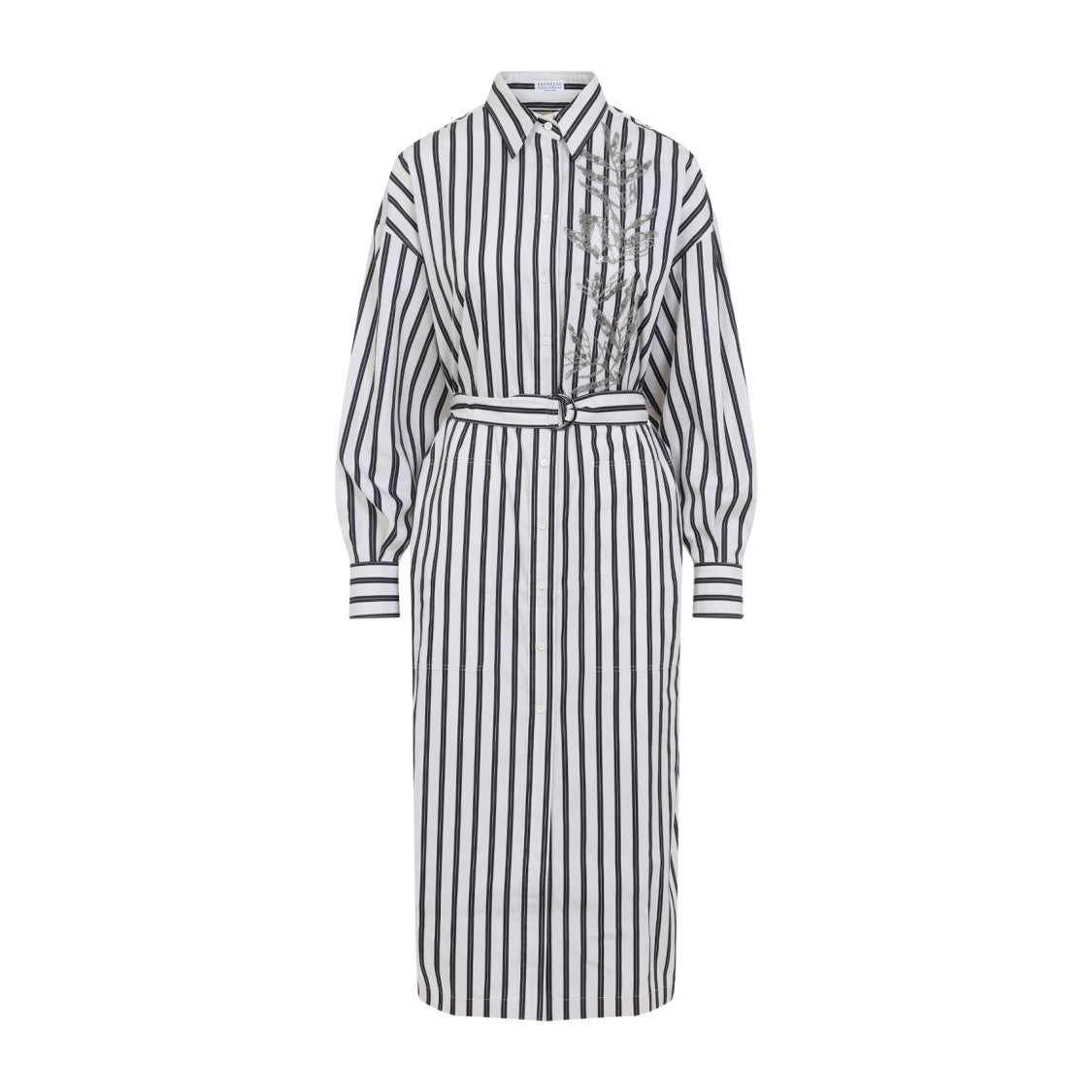 Brunello Cucinelli Striped Cotton Dress With Belted Waist And High Collar