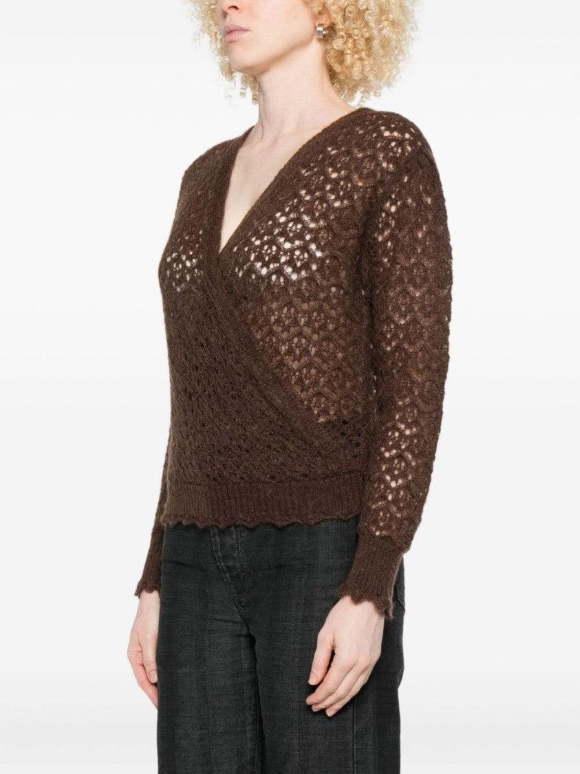 Twin-Set Wrap-Style Open-Knit Sweater With Scalloped Edges