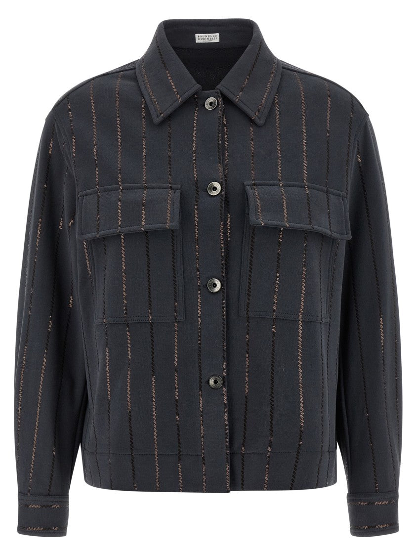 Brunello Cucinelli Cotton Fleece Shirt With Striped Sequin