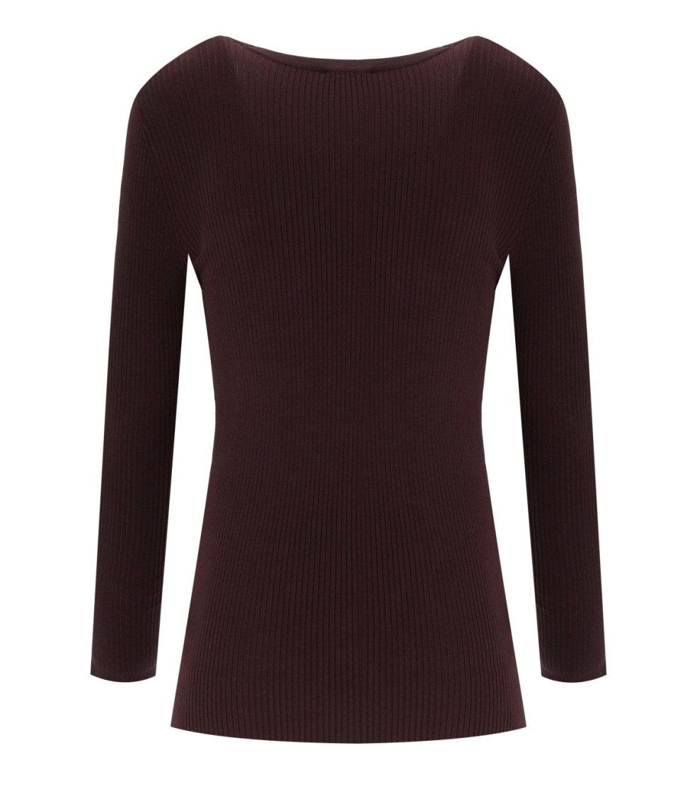 Elisabetta Franchi Merlot Ribbed Long-Sleeved Top With Gold Button Detail