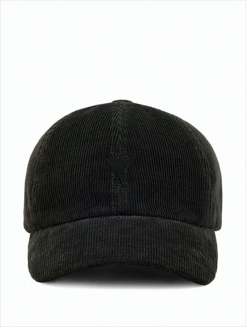 Ami Black Corduroy Baseball Cap With Embroidered Heart Detail