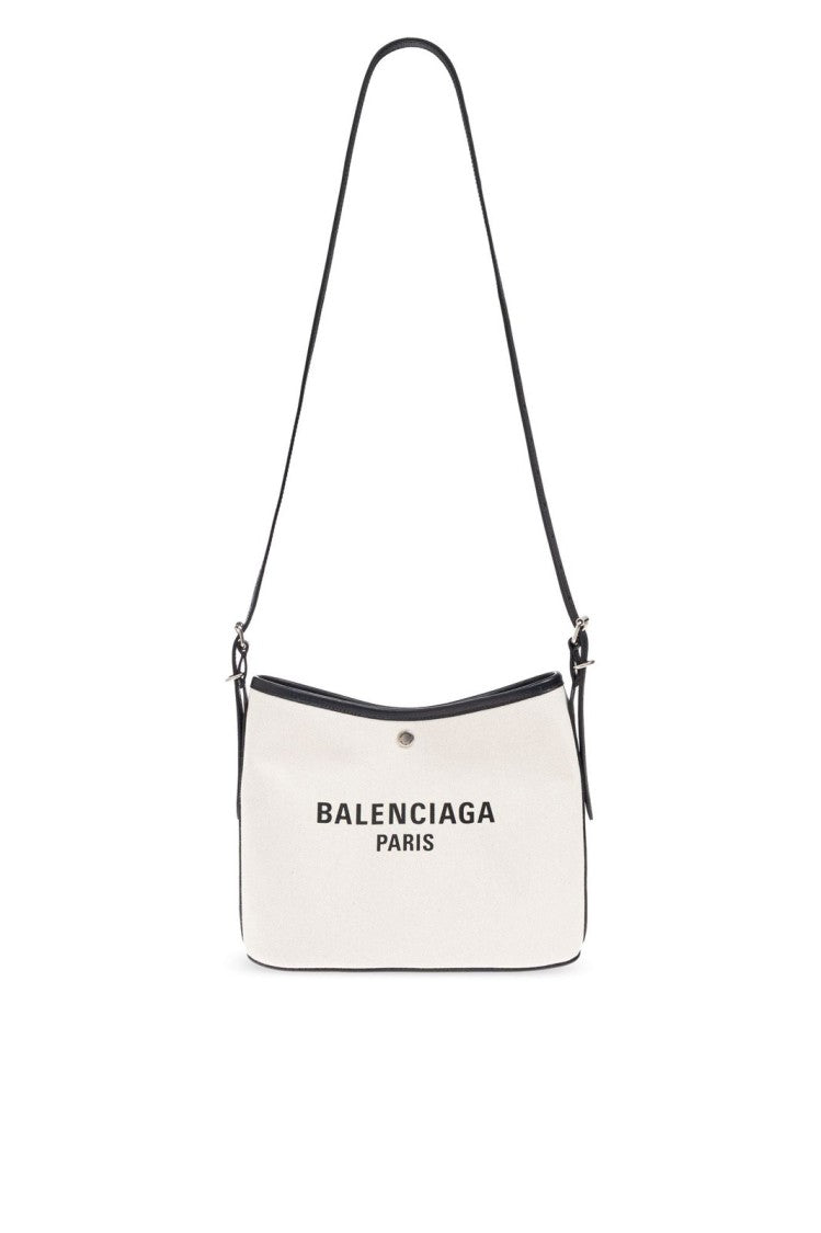 Balenciaga Rectangular Canvas Shoulder Bag With Leather Trim And Bold Accents