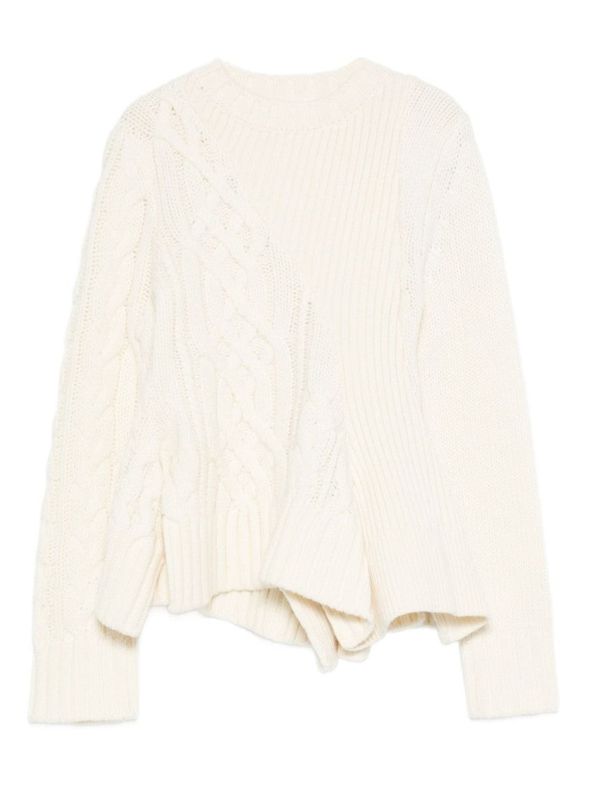 Sacai Cable Knit Sweater With Ruffled Hem And Asymmetrical Details
