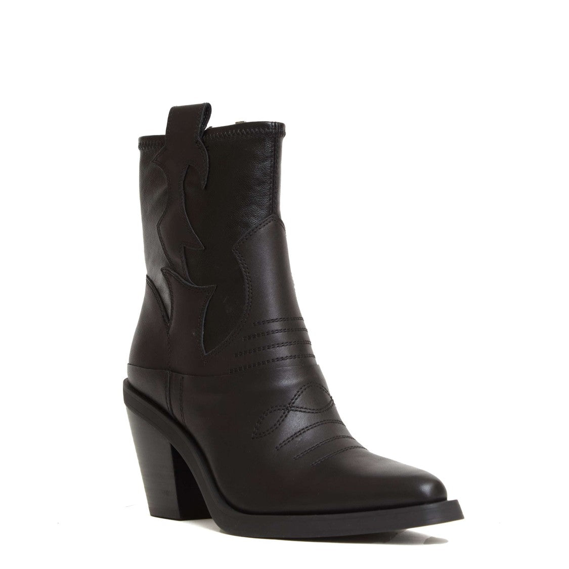 Ash Smooth Black Leather Ankle Boots With Decorative Stitching