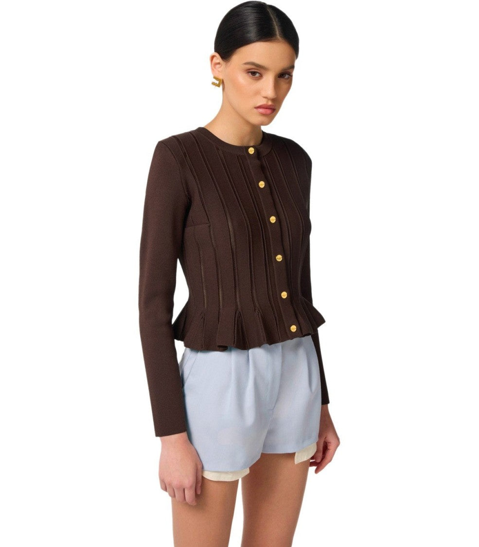 Elisabetta Franchi Peplum Hem Cardigan With Gold Logo Buttons And Sheer Panels