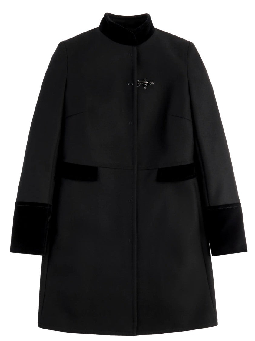 Fay Structured Black Coat With Velvet Accents And High Collar