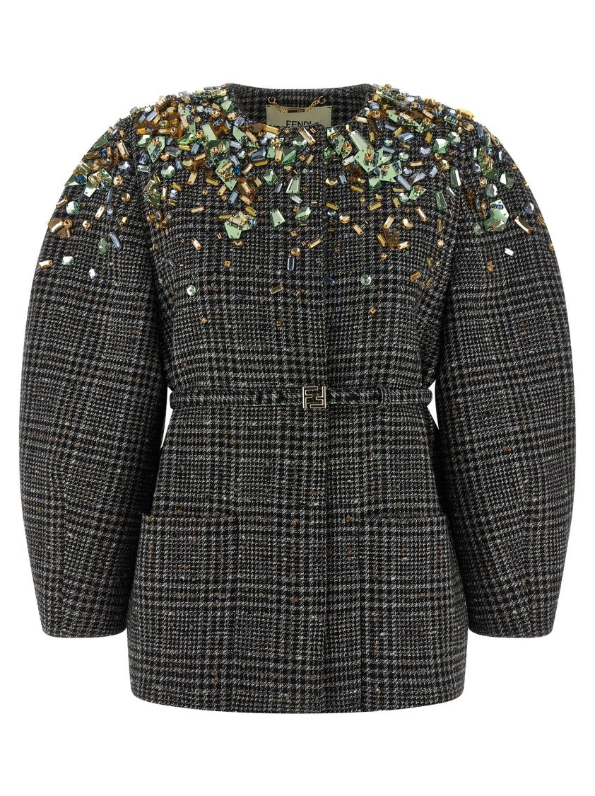 Fendi Check Wool Tweed Jacket With Crystal Embellishments