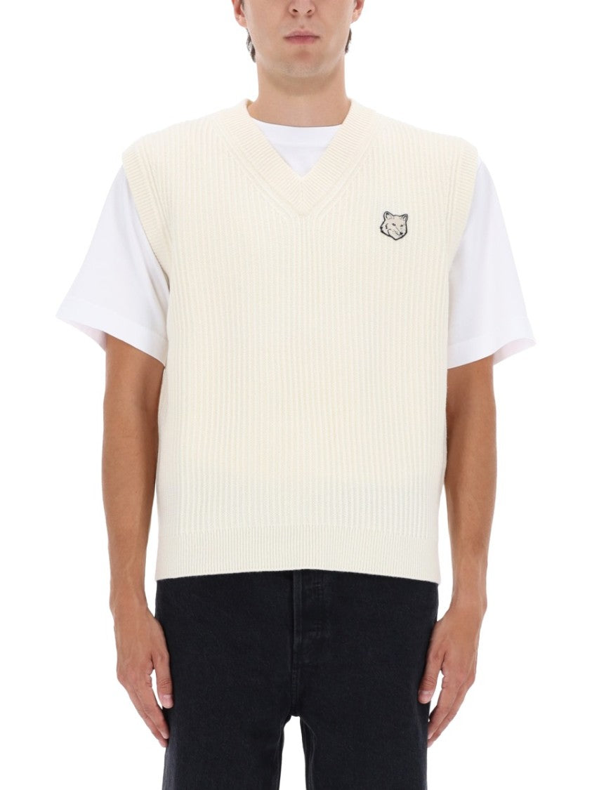 Maison Kitsuné Ribbed Merino Wool Vest With Embroidered Emblem