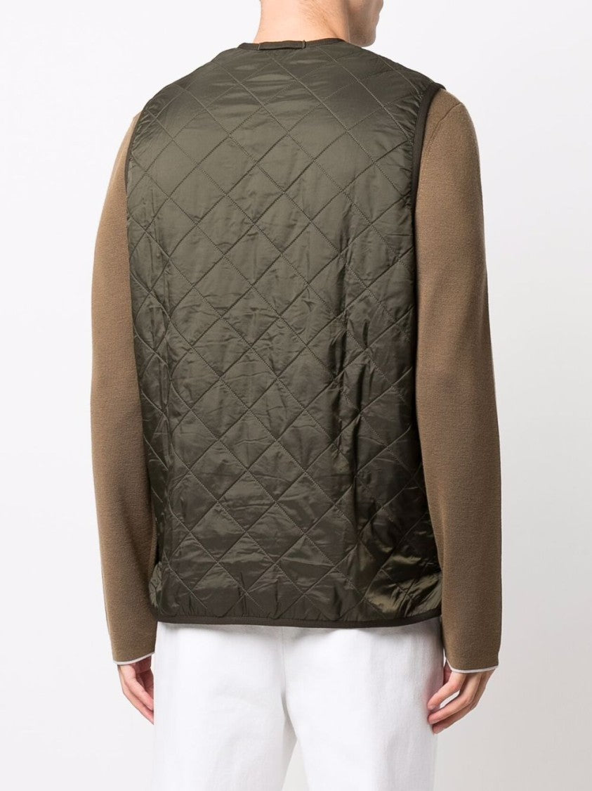 Barbour Olive Green Quilted Waistcoat With Embroidered Logo And Piped Trim