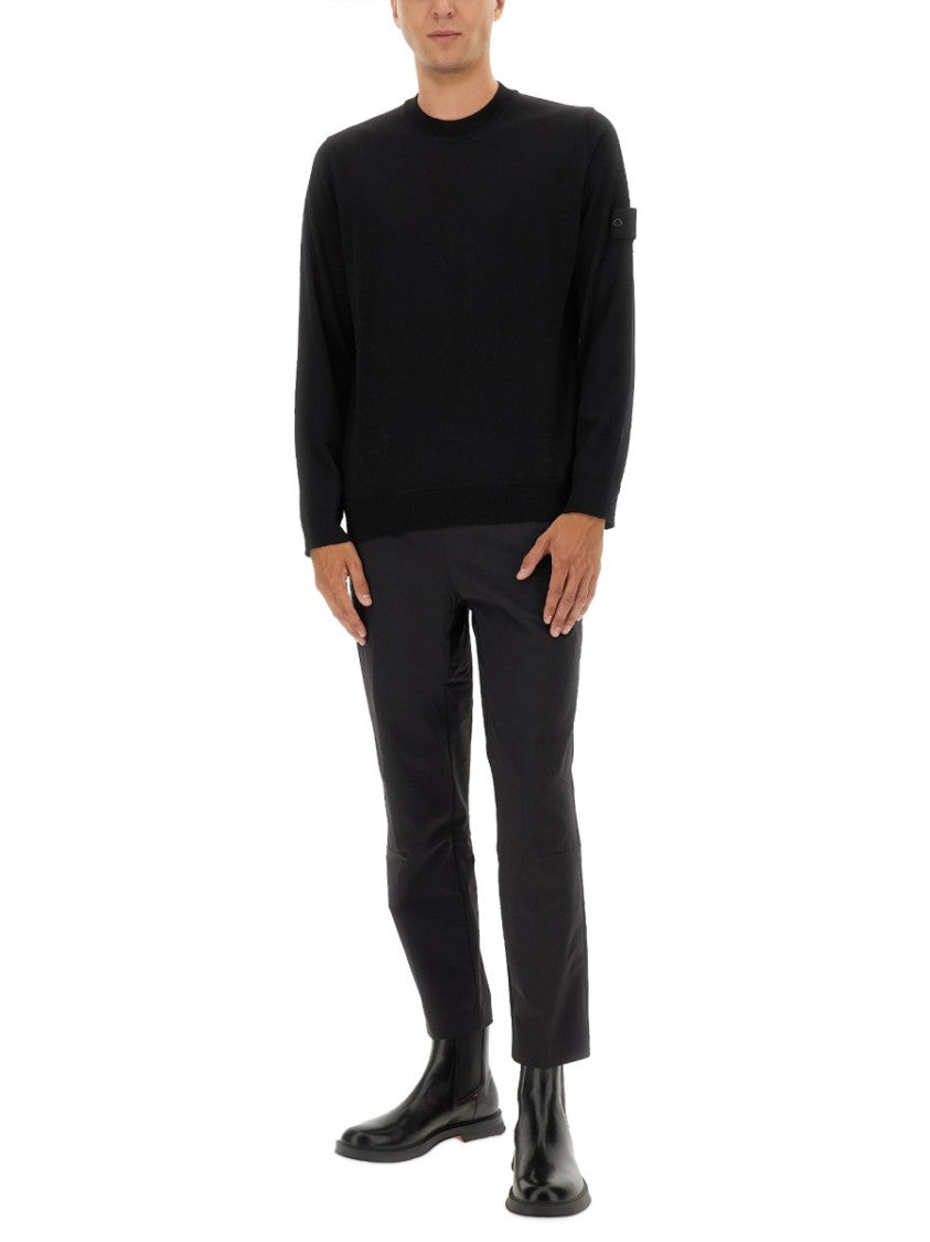Stone Island Black Wool Sweater With Ribbed Details