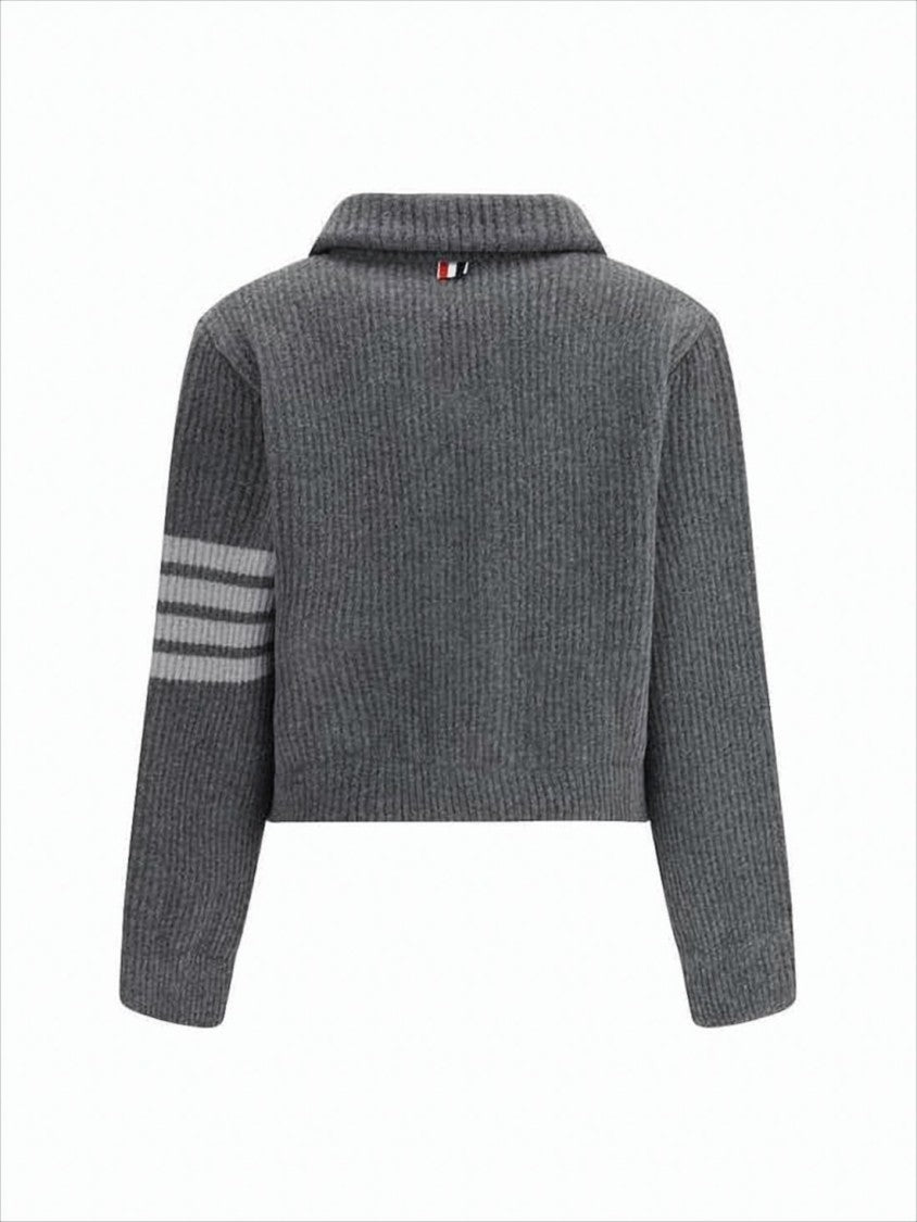 Thom Browne Cropped Ribbed Knit Cardigan With Classic Collar And Striped Detail