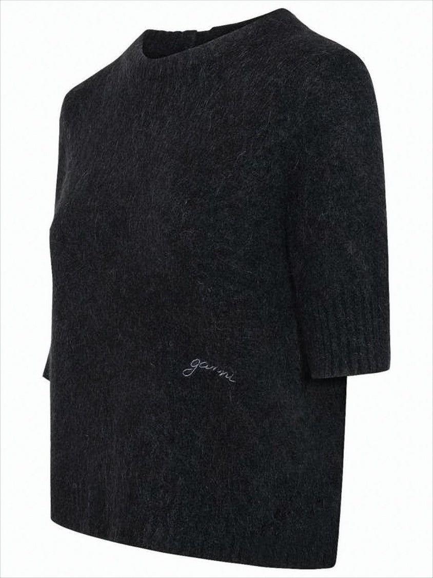 Ganni Cropped Knit Sweater With Unique Tie Closure And Open Back