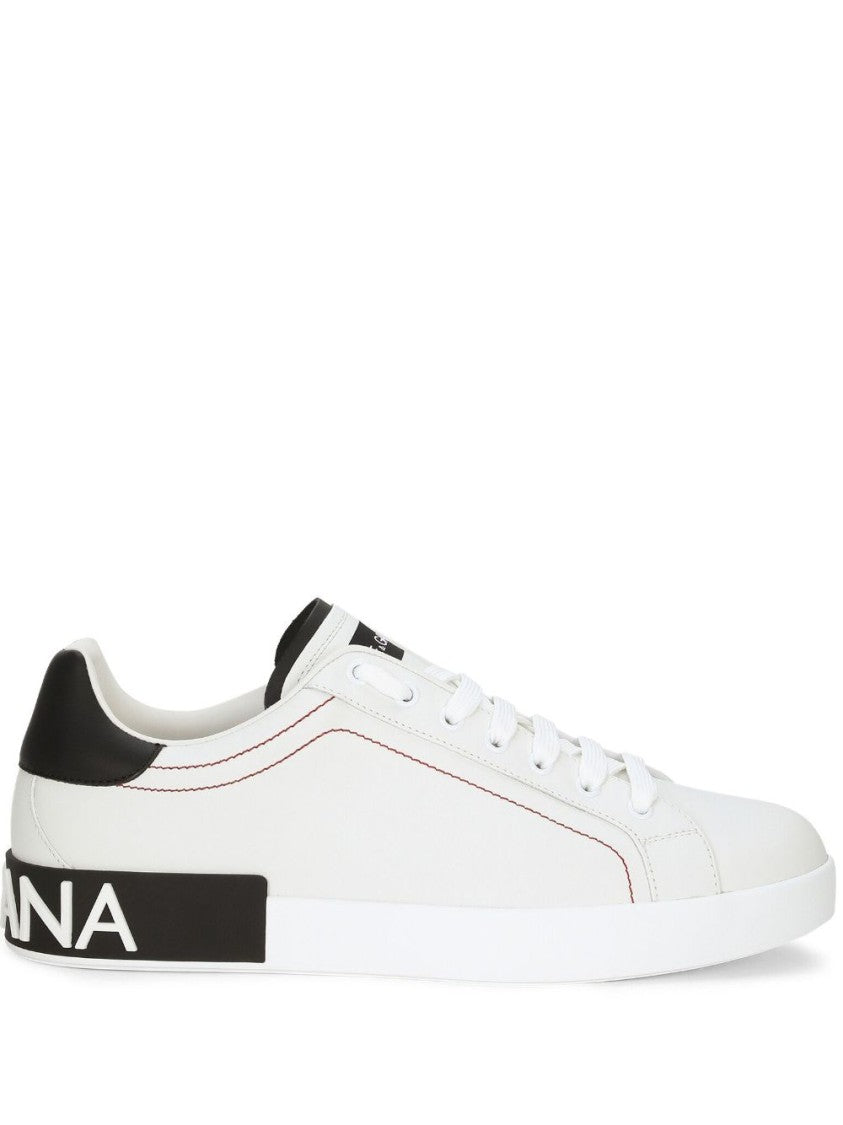 Dolce & Gabbana White Calf Leather Sneakers With Logo Patch And Round Toe