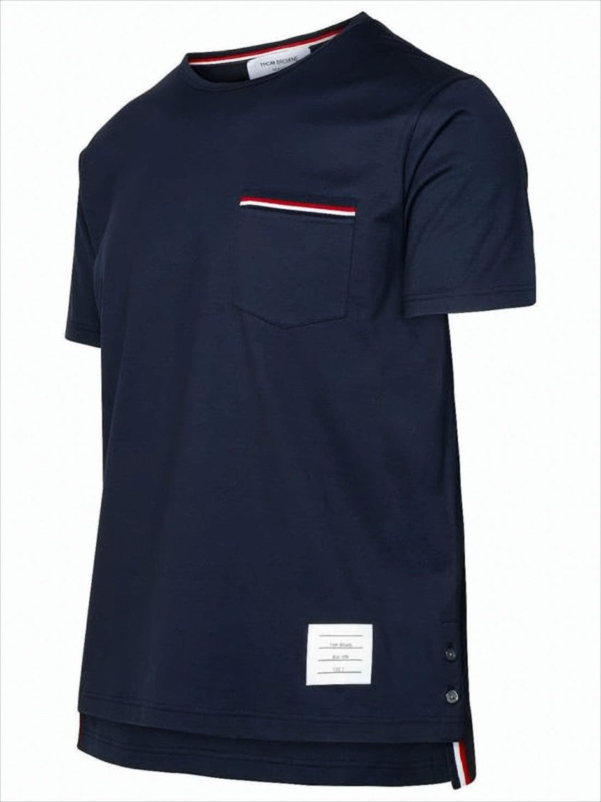 Thom Browne Short-Sleeved Blue T-Shirt With Contrasting Trim And Chest Pocket
