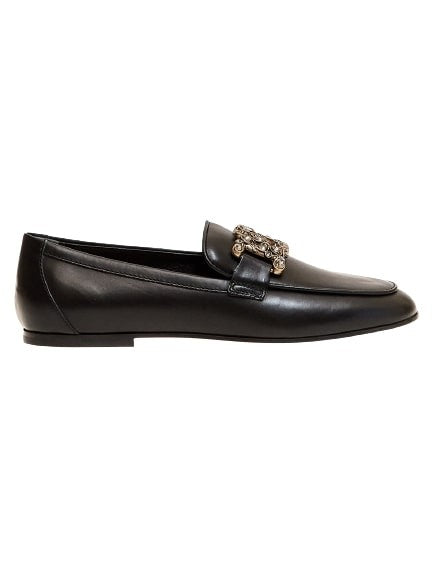 Tod's Black Leather Moccasin With Rhinestone Buckle