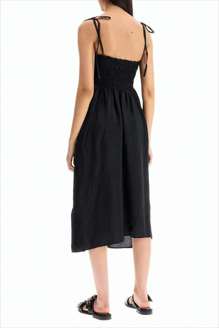 Ganni Smocked Midi Dress With Adjustable Tie Straps