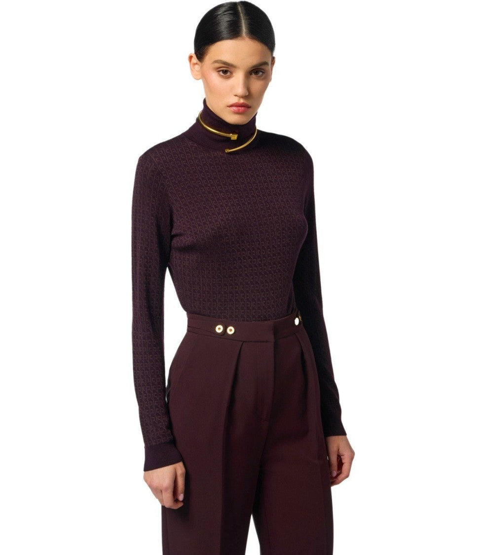 Elisabetta Franchi Monogram Jacquard Turtleneck Sweater In Merlot Shade