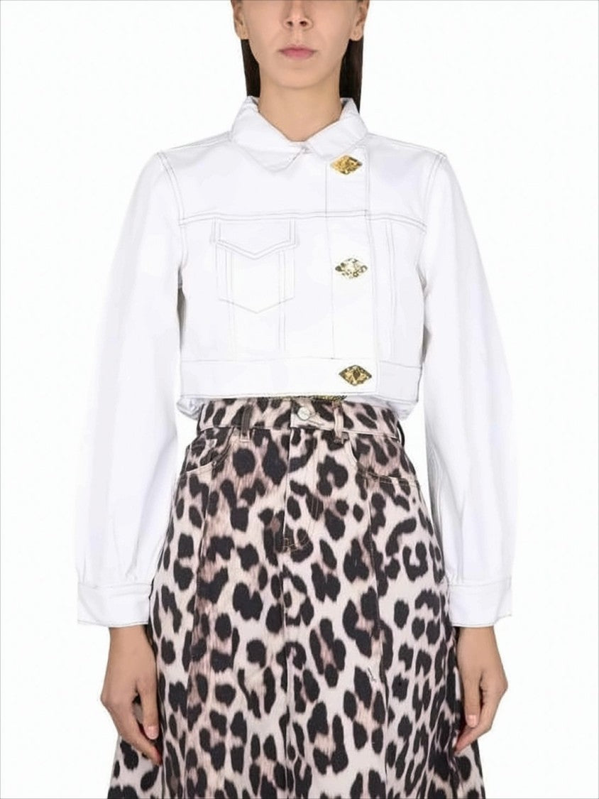 Ganni Cropped Denim Jacket With Gold-Tone Buttons And Boxy Fit