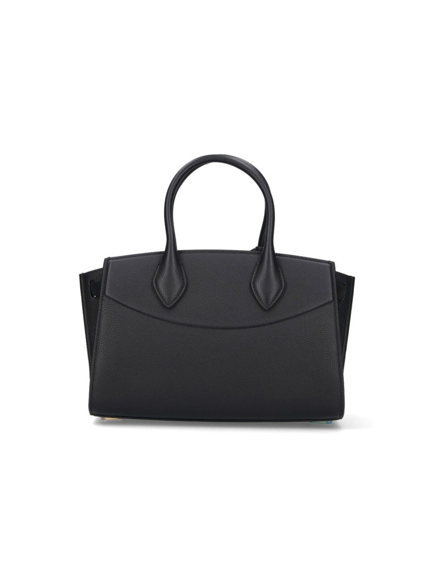 Ferragamo Structured Black Leather Handbag With Gold-Tone Closure