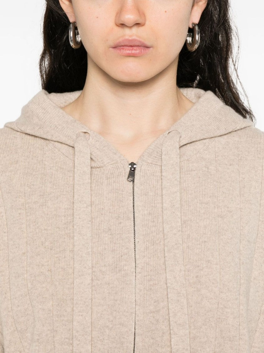 Max Mara Zip-Up Beige Knit Sweater With Hood