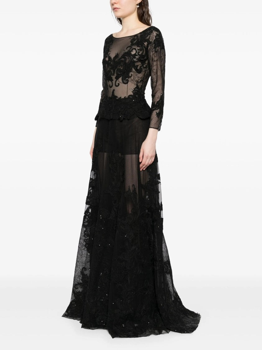 Saiid Kobeisy Jet Black Embroidered Long Dress With A-Line Silhouette