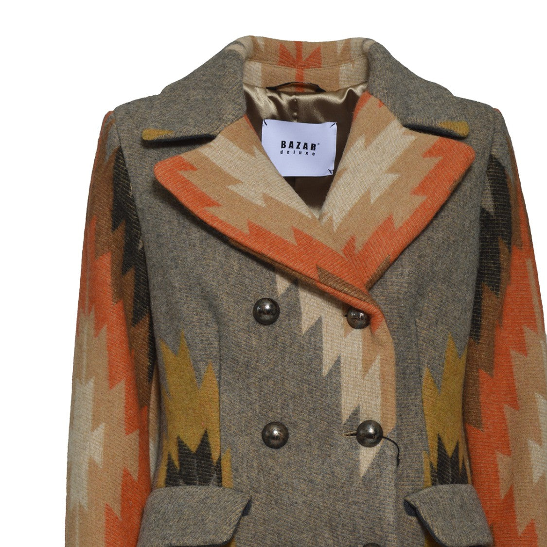 Bazar Deluxe Double Breasted Coat Multicolored Wool Ethnic Pattern
