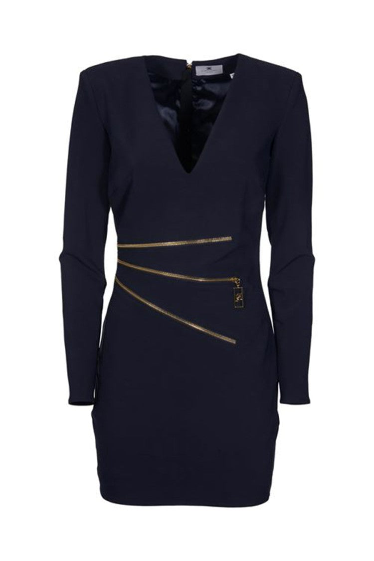 Elisabetta Franchi Deep V-Neck Dress With Gold Zipper Detail