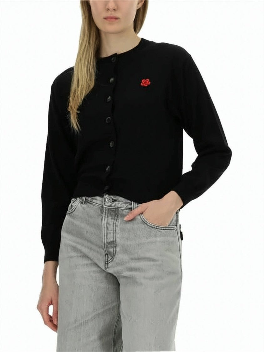 Kenzo Classic Black Wool Cardigan With Round Neckline And Button Front