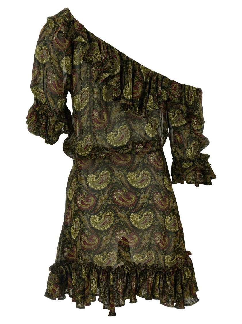 Saint Laurent Paisley Print One-Shoulder Mini Dress