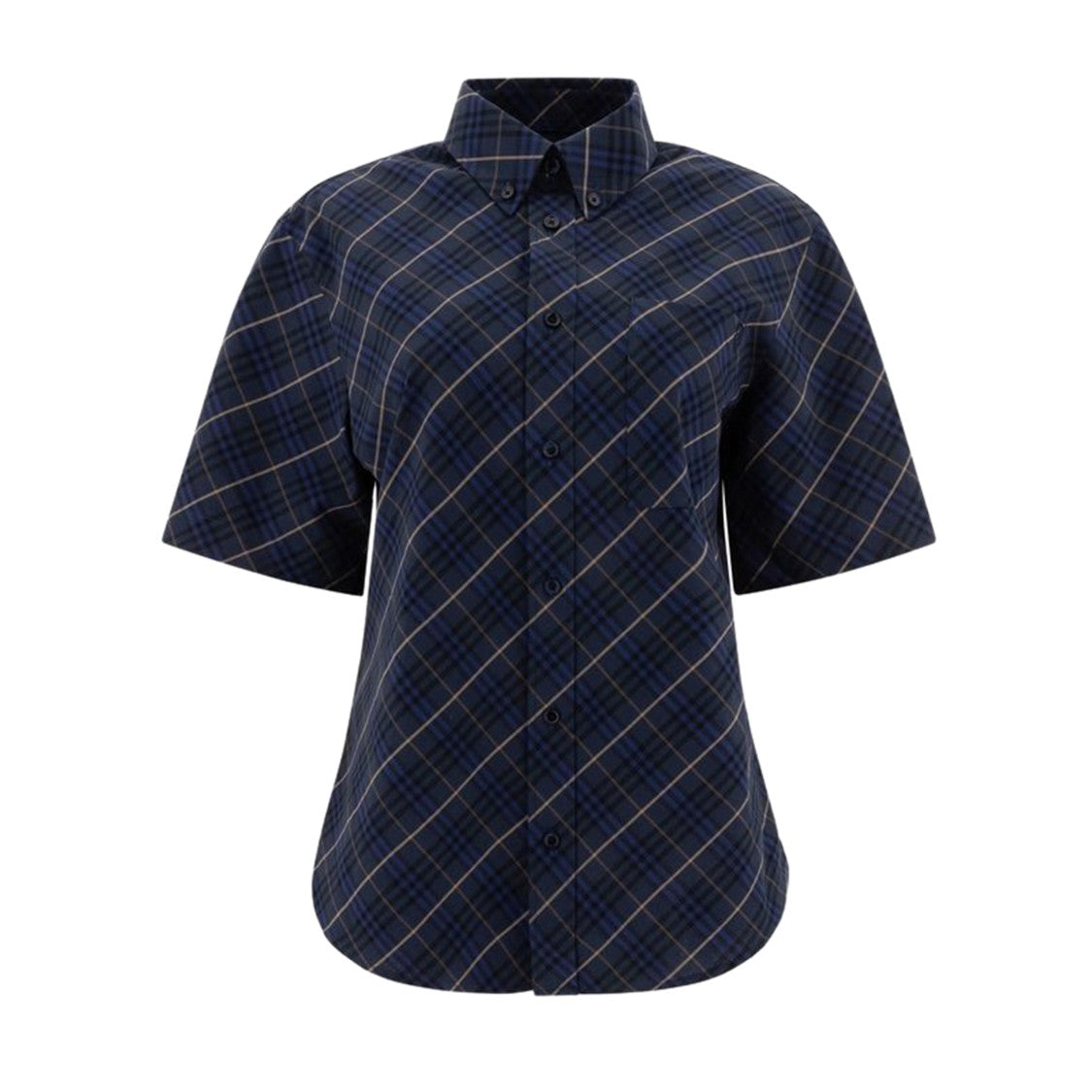 Burberry Black Cotton Short-Sleeve Button-Down Shirt With Plaid Detail