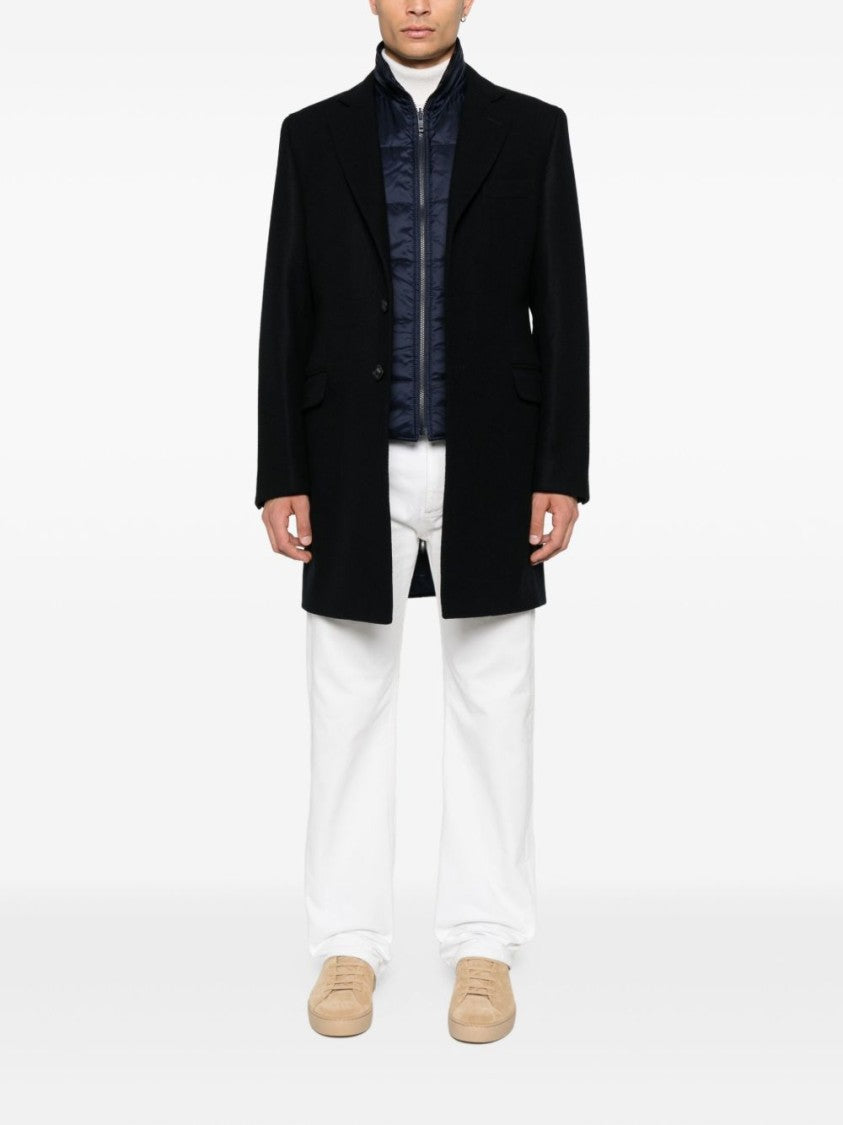 Fay Layered Navy Blue Coat With Button Fastening And Flap Pockets