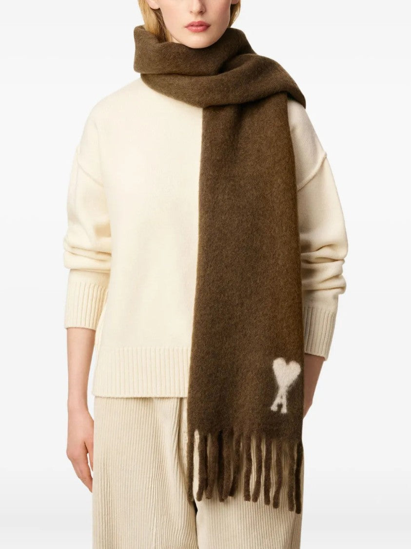 Ami Rectangular Brown Alpaca Blend Scarf With Monogram Motif