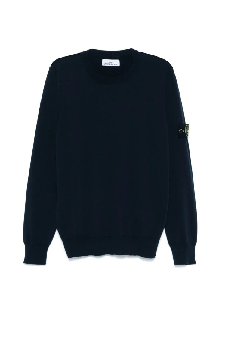 Stone Island Crew Neck Black Sweater With Ribbed Cuffs
