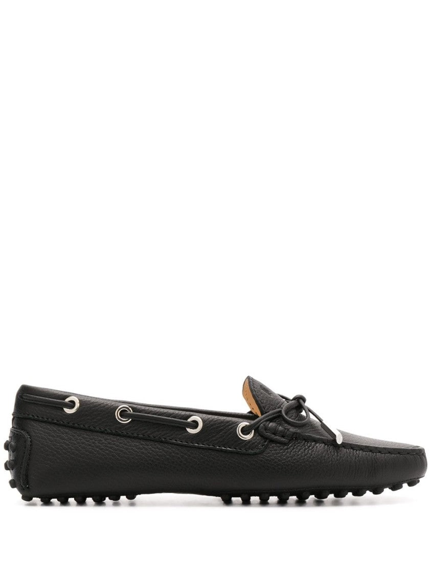 Tod's Black Leather Slip-On Flats With Pussy-Bow Detail