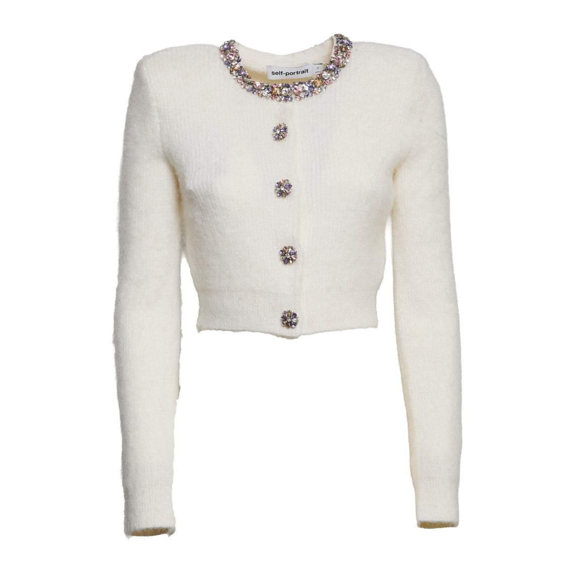 Self-Portrait Cropped Cream Cardigan With Diamond-Embellished Neckline