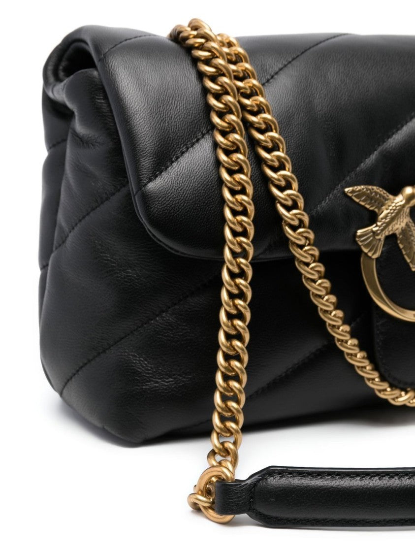 Pinko Quilted Black Shoulder Bag With Gold-Tone Chain And Bird Clasp