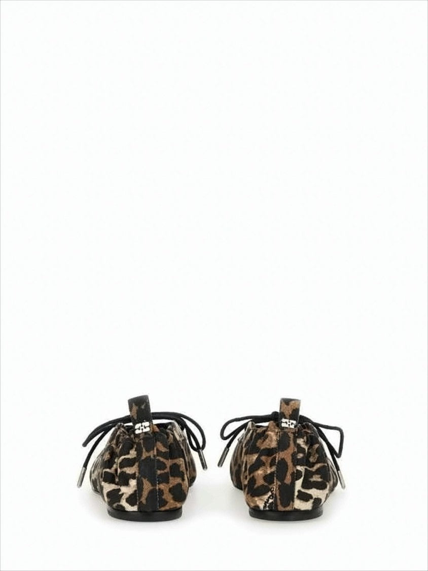 Ganni Leopard Print Lace-Up Flat Shoes With Gathered Back