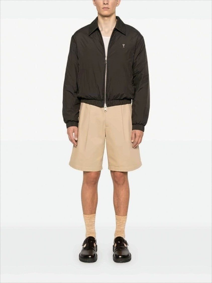 Ami Cropped Black Bomber Jacket With Classic Collar And Logo Detail