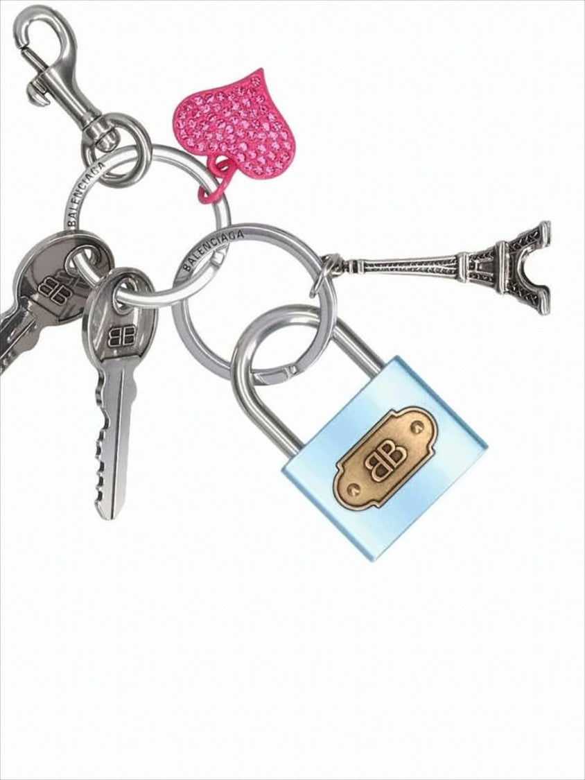Balenciaga Silver Metal Keyring With Padlock And Eiffel Tower Charm