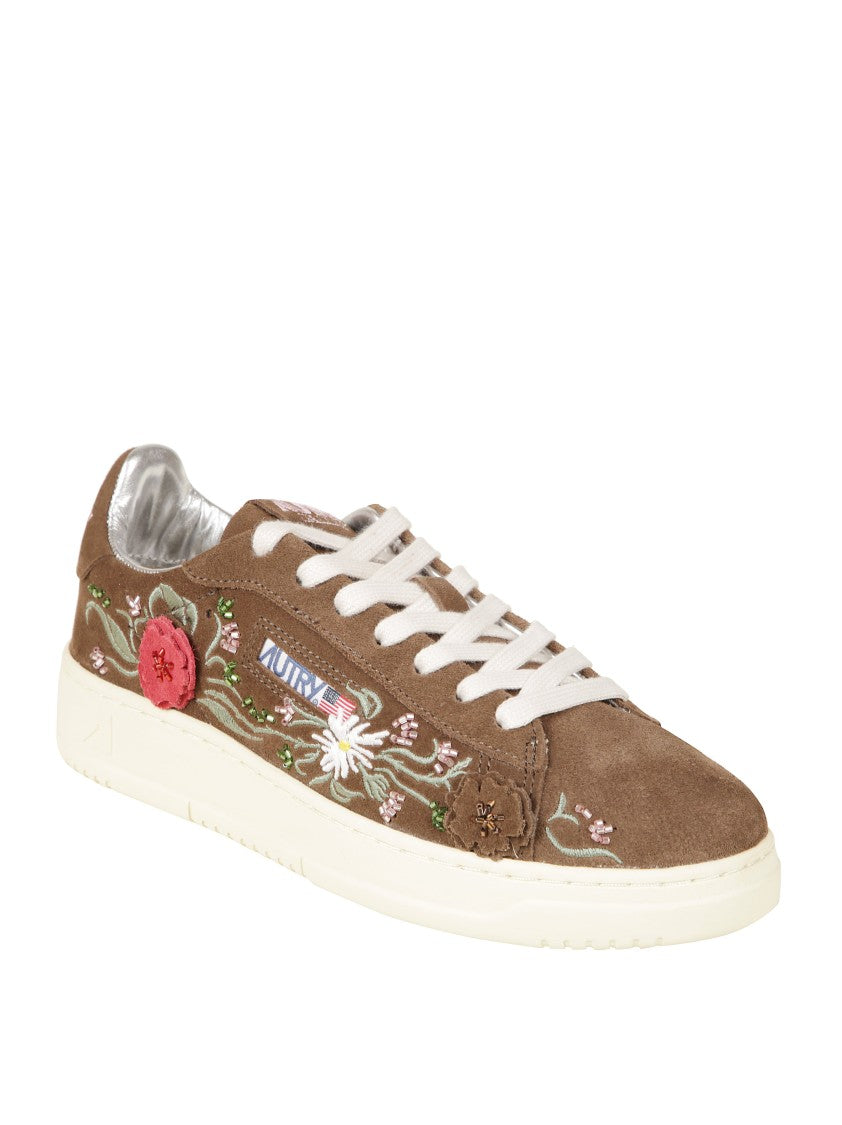 Autry Low-Top Sneakers With Floral Embroidery In Rich Brown